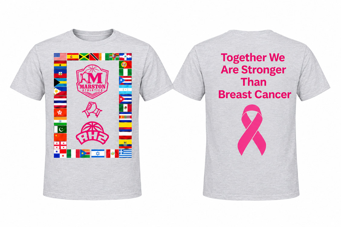The grey Marston Athletics breast cancer awareness tee, front and back: the Marston crest and the RH2 logo framed by flags on the front, and Together We Are Stronger Than Breast Cancer with a pink ribbon on the back