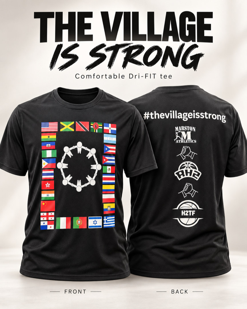 The black The Village Is Strong Dri-FIT tee, front and back: a ring of figures framed by flags on the front, and #thevillageisstrong with the Marston Athletics and RH2 logos on the back